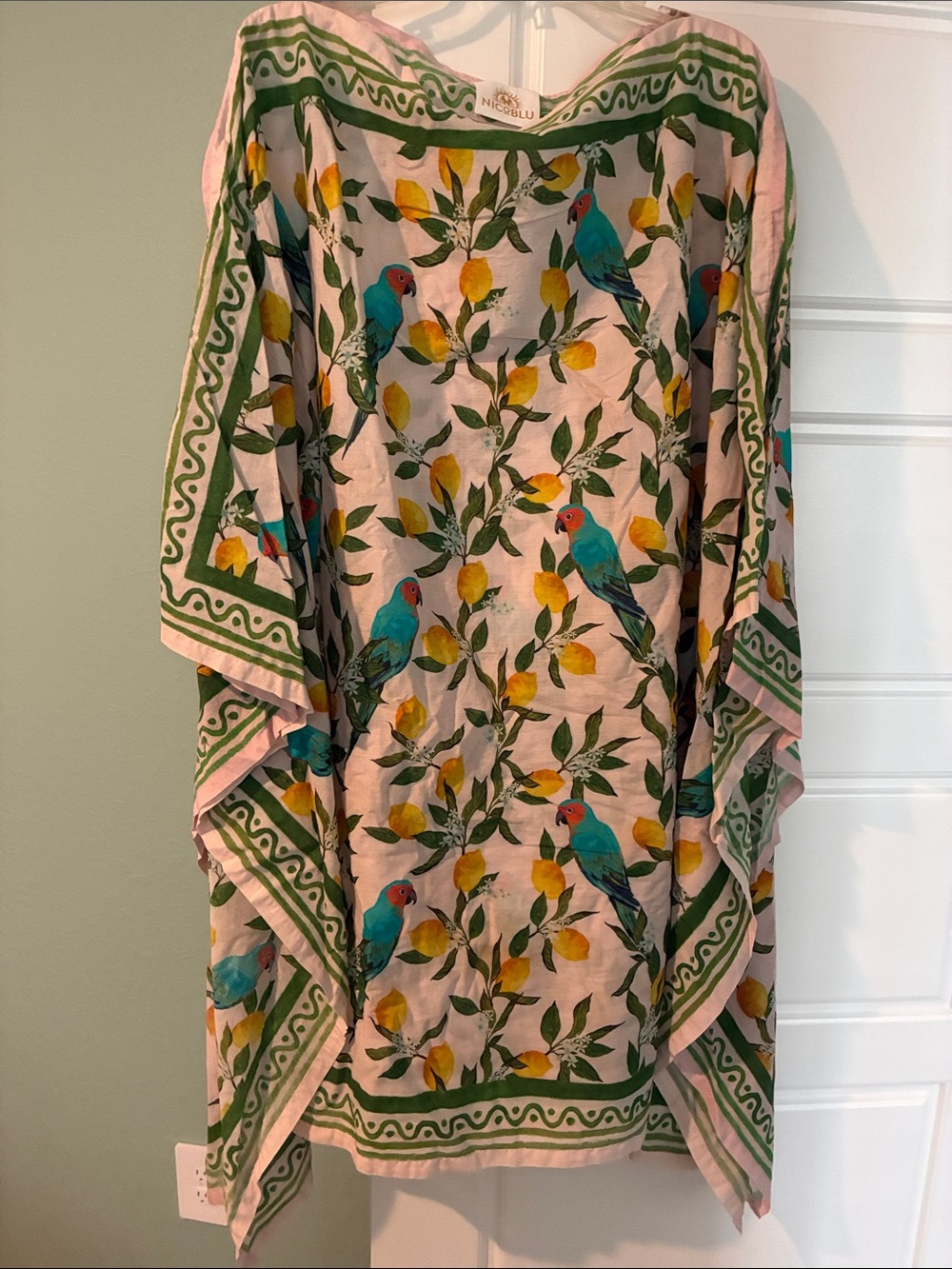 NicoBlu Kaftan/ swimsuit cover up, resortwear. Beautiful parrot, lemon, print.